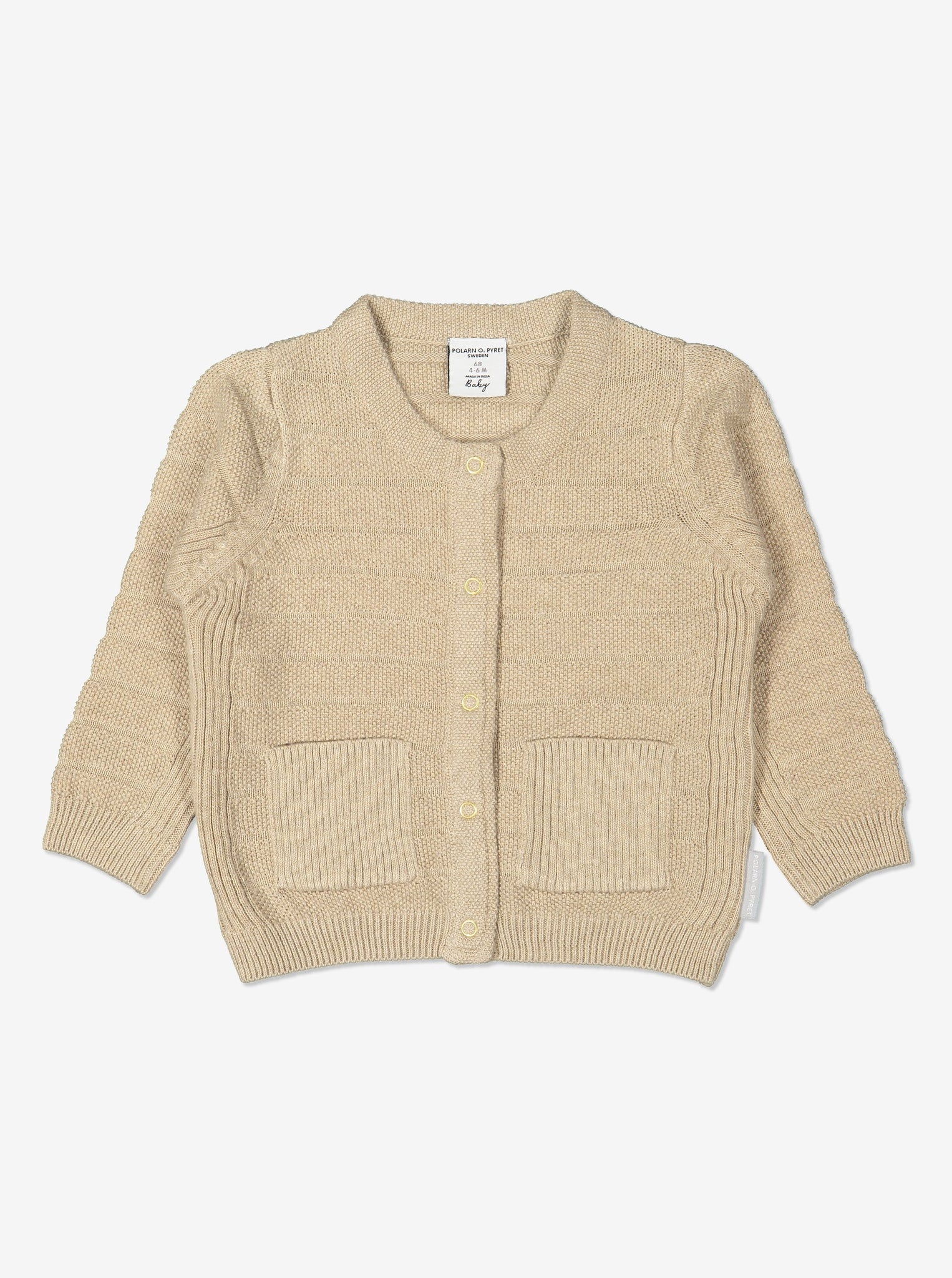 Unisex Beige Baby Cardigan in 100% organic cotton.  In a textured knit with front popper fastening and two small patch pockets.