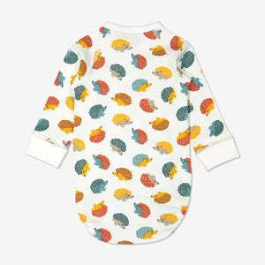 Back view of hedghog print babygrow for newborn babies in a wraparound style, made from 100% organic cotton fabric