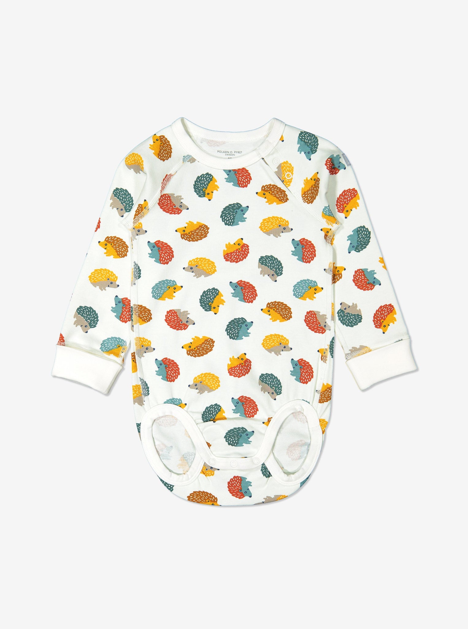 Unisex hedghog print babygrow for babies with long sleeves, made from 100% organic cotton fabric