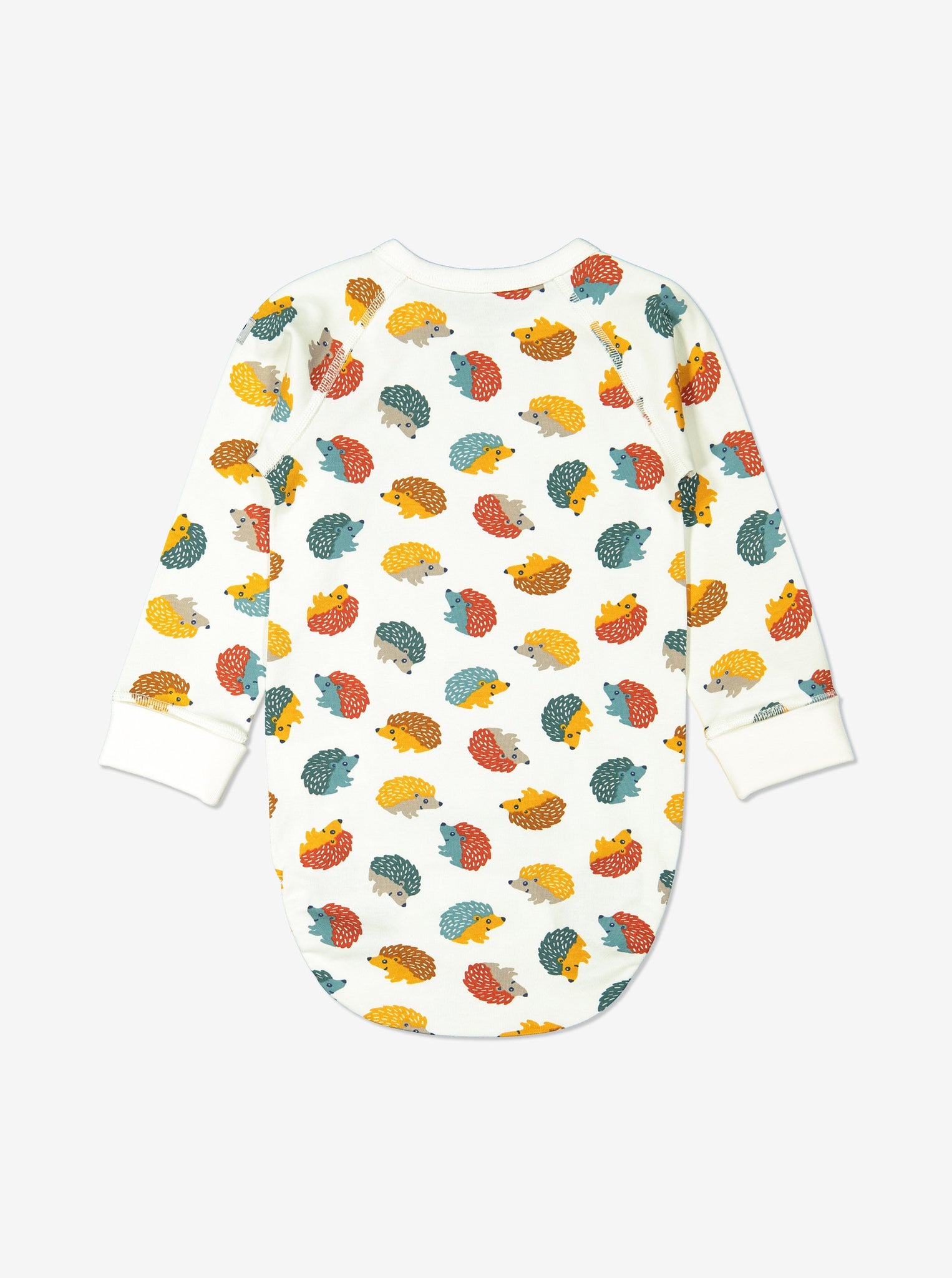 Back view of hedghog print babygrow for babies with long sleeves, made from GOTS organic cotton fabric