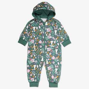Newborn baby onsie with Woodland print of flowers and bunnies in GOTS organic cotton. With cosy lined hood and full-length zip for speedy dressing and foldable ribbed cuffs for growing room.