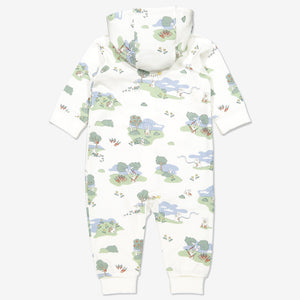 Back view of newborn baby onsie with playful bunny print in GOTS organic cotton. With cosy lined hood and full-length zip for speedy dressing and foldable ribbed cuffs for growing room