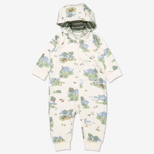 Newborn baby onsie with print of bunnies playing in GOTS organic cotton. With cosy lined hood and full-length zip for speedy dressing and foldable ribbed cuffs for growing room