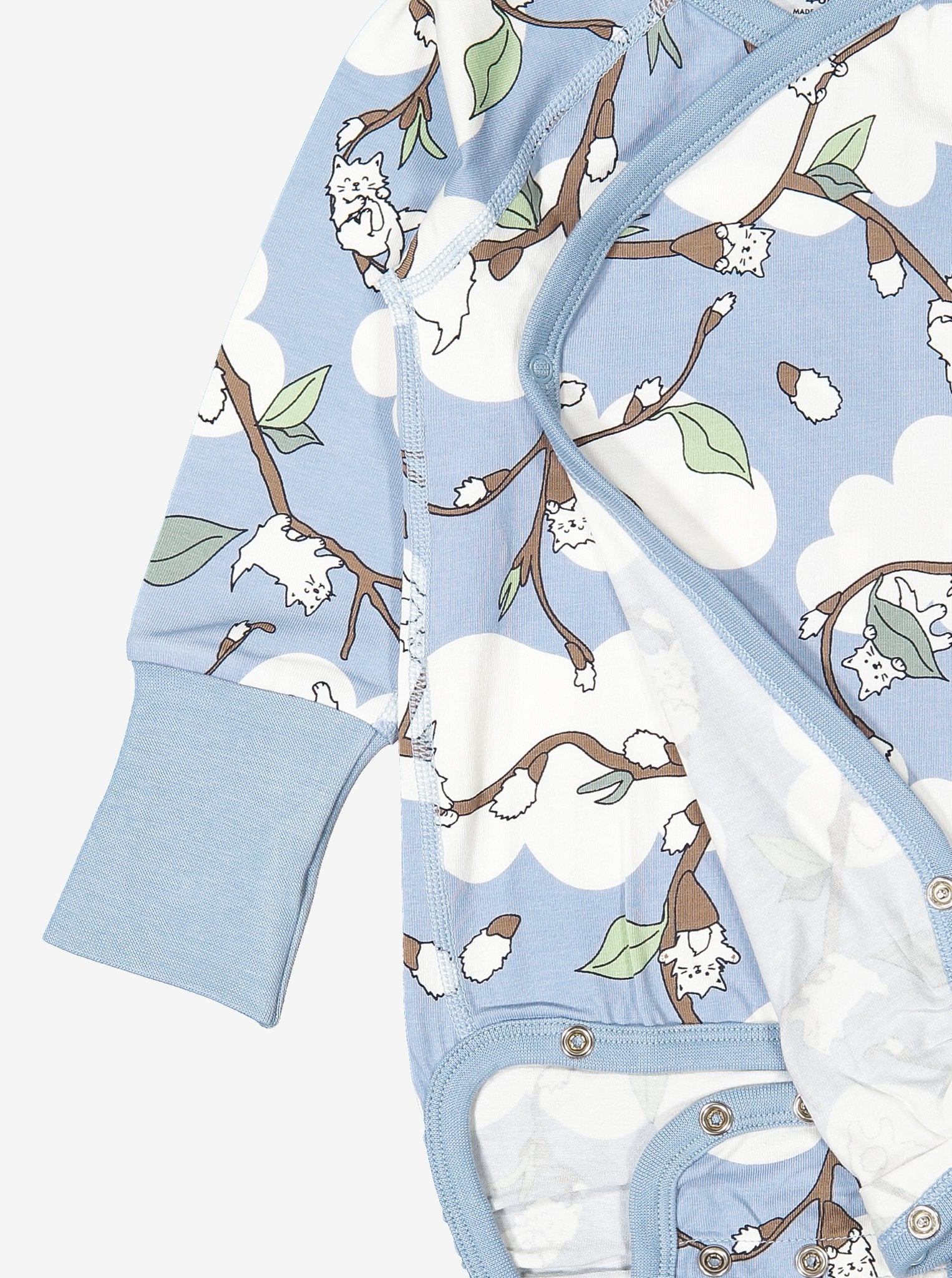 Newborn Organic Cotton Wraparound Babygrow in Blue with Cat Print