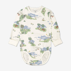 Unisex bunny print babygrow for babies with long sleeves, made from GOTS organic cotton fabric