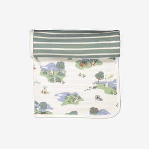 GOTS organic cotton newborn baby blanket/shawl. One side with playful bunny print the other green and white stripes.