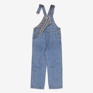 Organic denim unisex jean overalls for toddlers with adjustable shoulder straps, a large chest pocket and two back pockets. 