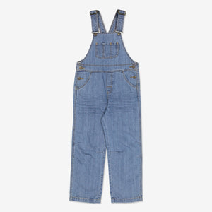 Organic denim unisex jean overalls for toddlers with adjustable shoulder straps, a large chest pocket and two back pockets.
