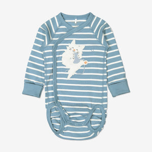 Blue and white striped babygrow for newborn babies in a wraparound style, made from GOTS organic cotton fabric with fun cat playing with ball applique