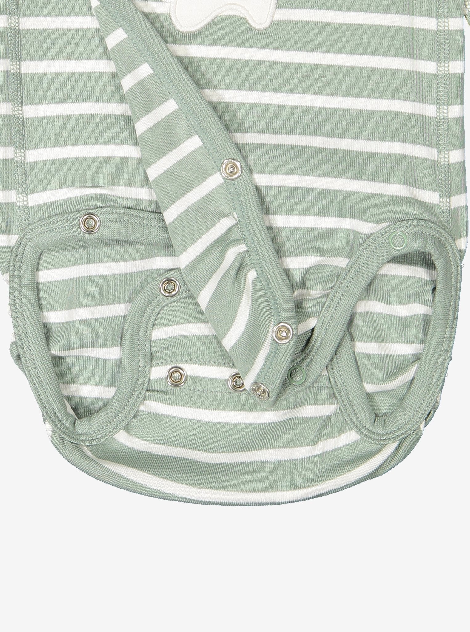 Close up of unisex green and white striped wraparound organic cotton newborn babygrow showing easy popper fastening for speedy changes