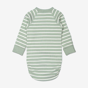 Back view of green and white striped babygrow for newborn babies in a wraparound style, made from GOTS organic cotton fabric