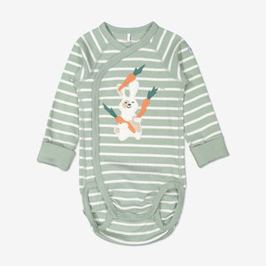 Green and white striped babygrow for newborn babies in a wraparound style, made from GOTS organic cotton fabric with fun bunny eating carrots applique