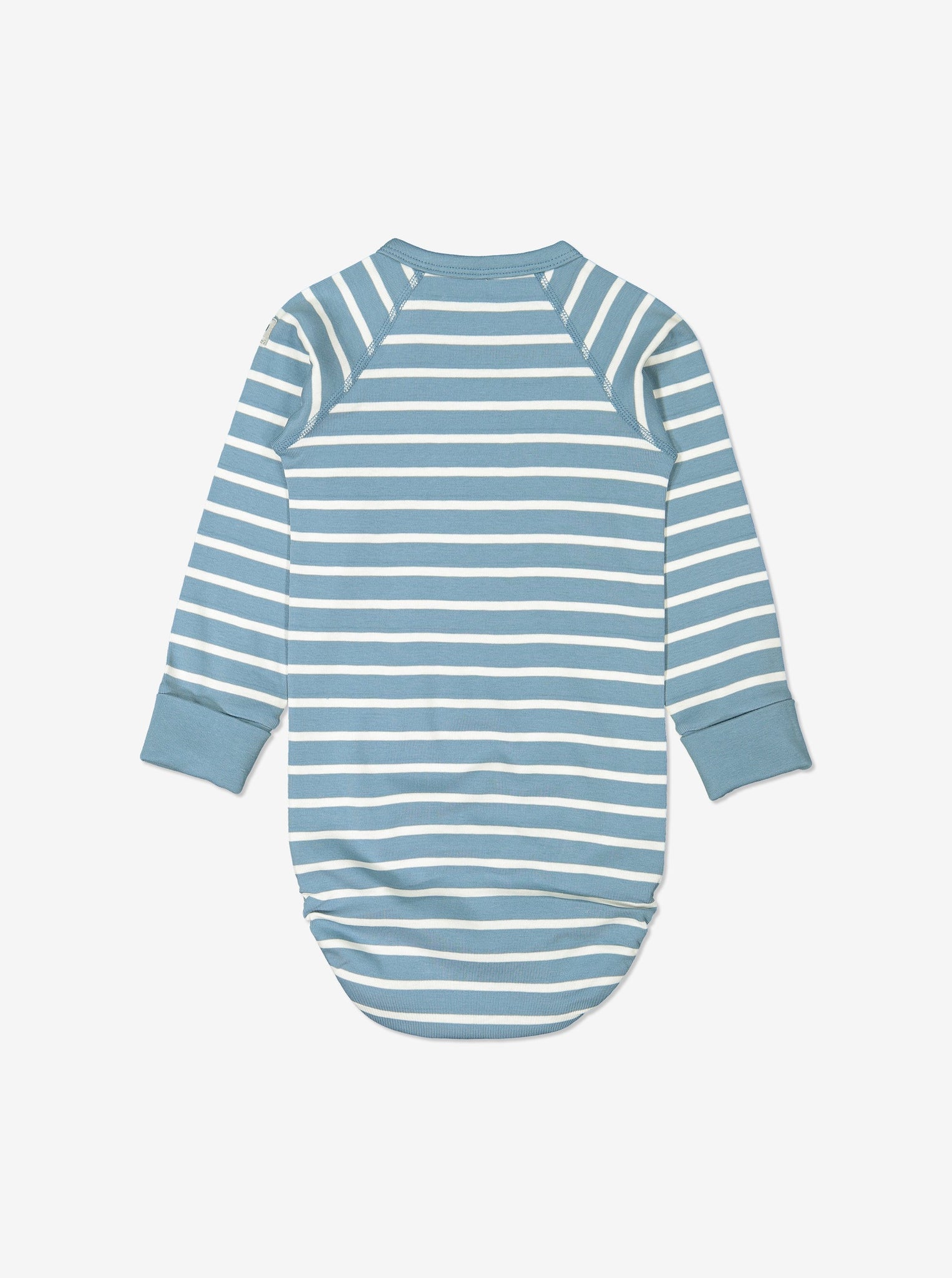 Back view of blue and white striped babygrow for babies, made from GOTS organic cotton fabric