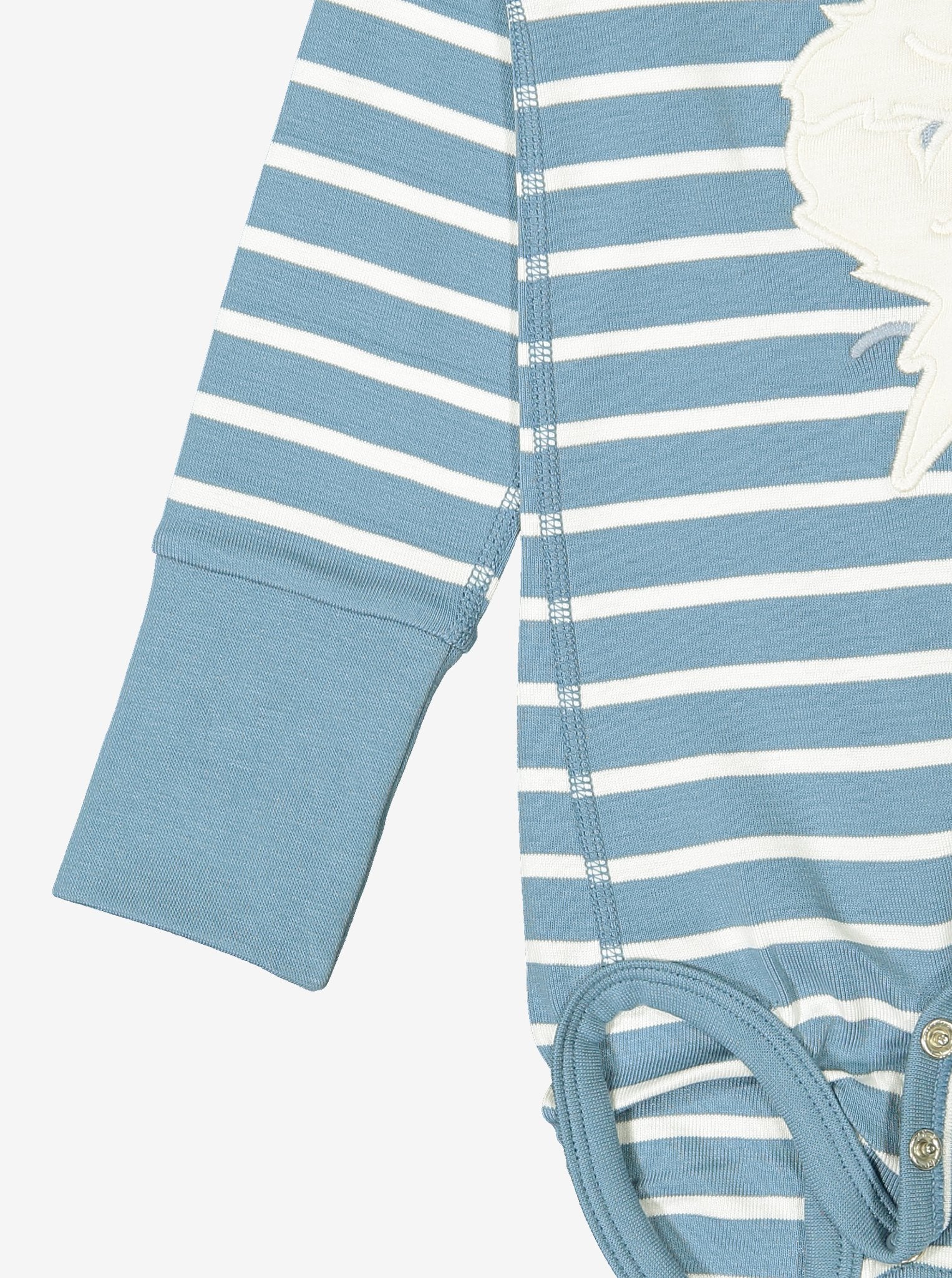 Blue and white striped babygrow showing close of of unique fold-over cuffs giving lots of growing room