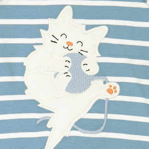 Close up of blue and white striped GOTS organic babygrow with adorable applique of kitten playing with a ball of wool