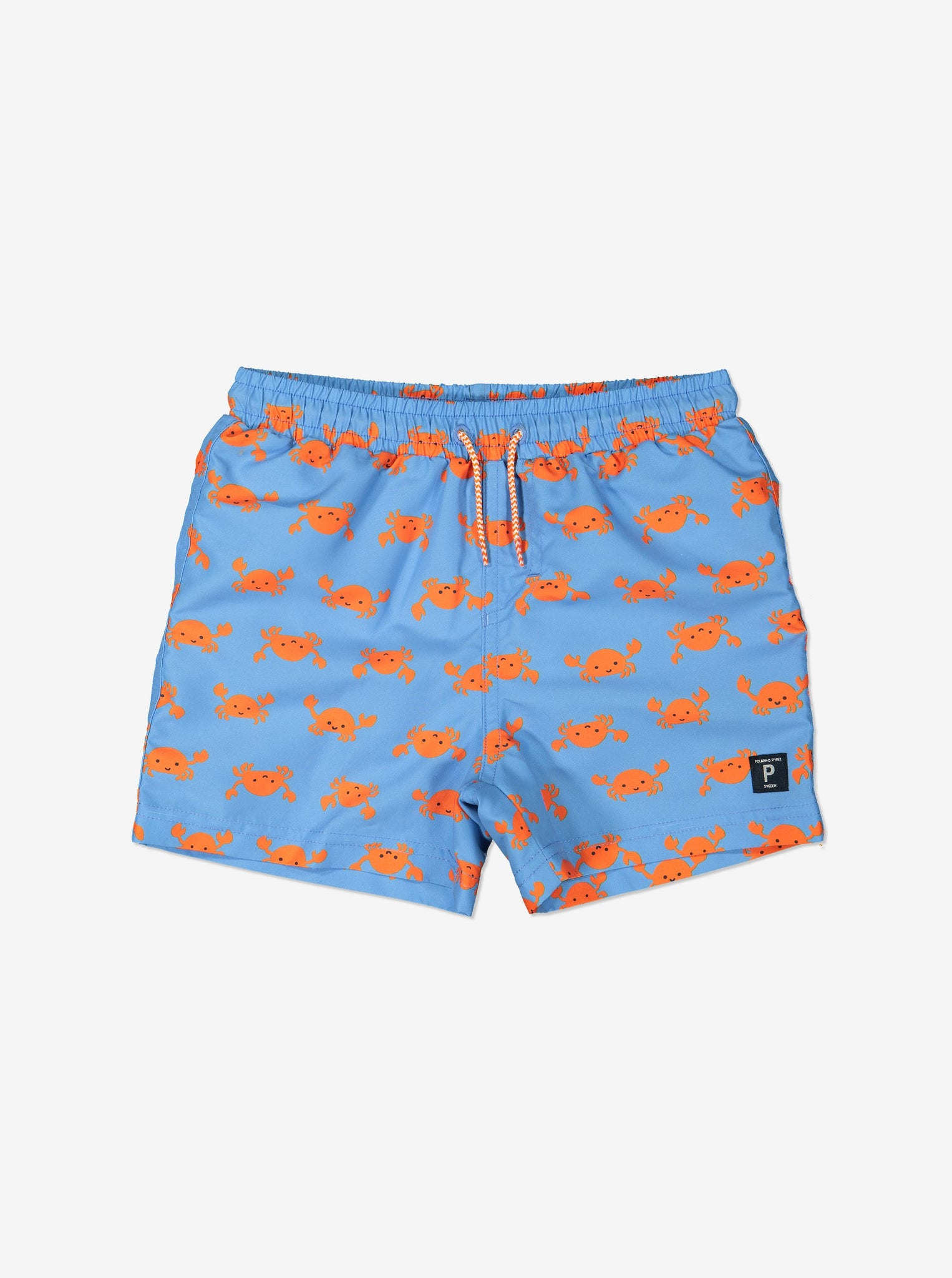 Blue kids swim shorts printed with small orange crabs. Features an inner mesh lining and adjustable drawstring waist.