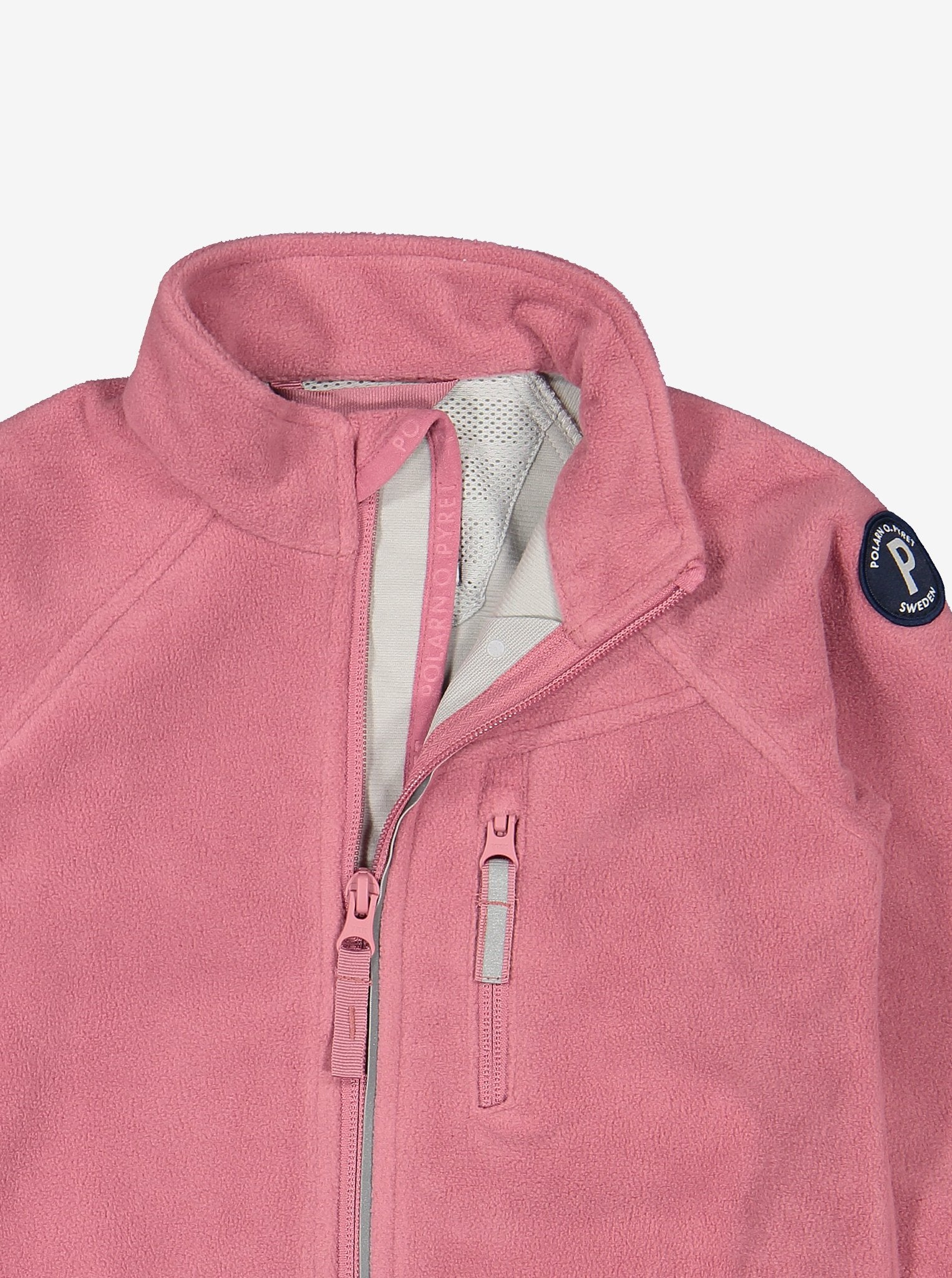 kids pink waterproof fleece jacket, used from recycled materials, comfortable and flexible, ethical quality polarn o. pyret 