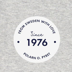 PO.P 1976 logo on grey babygrow 