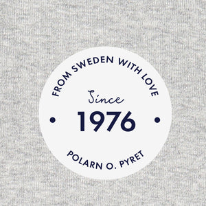 PO.P 1976 logo on grey babygrow 