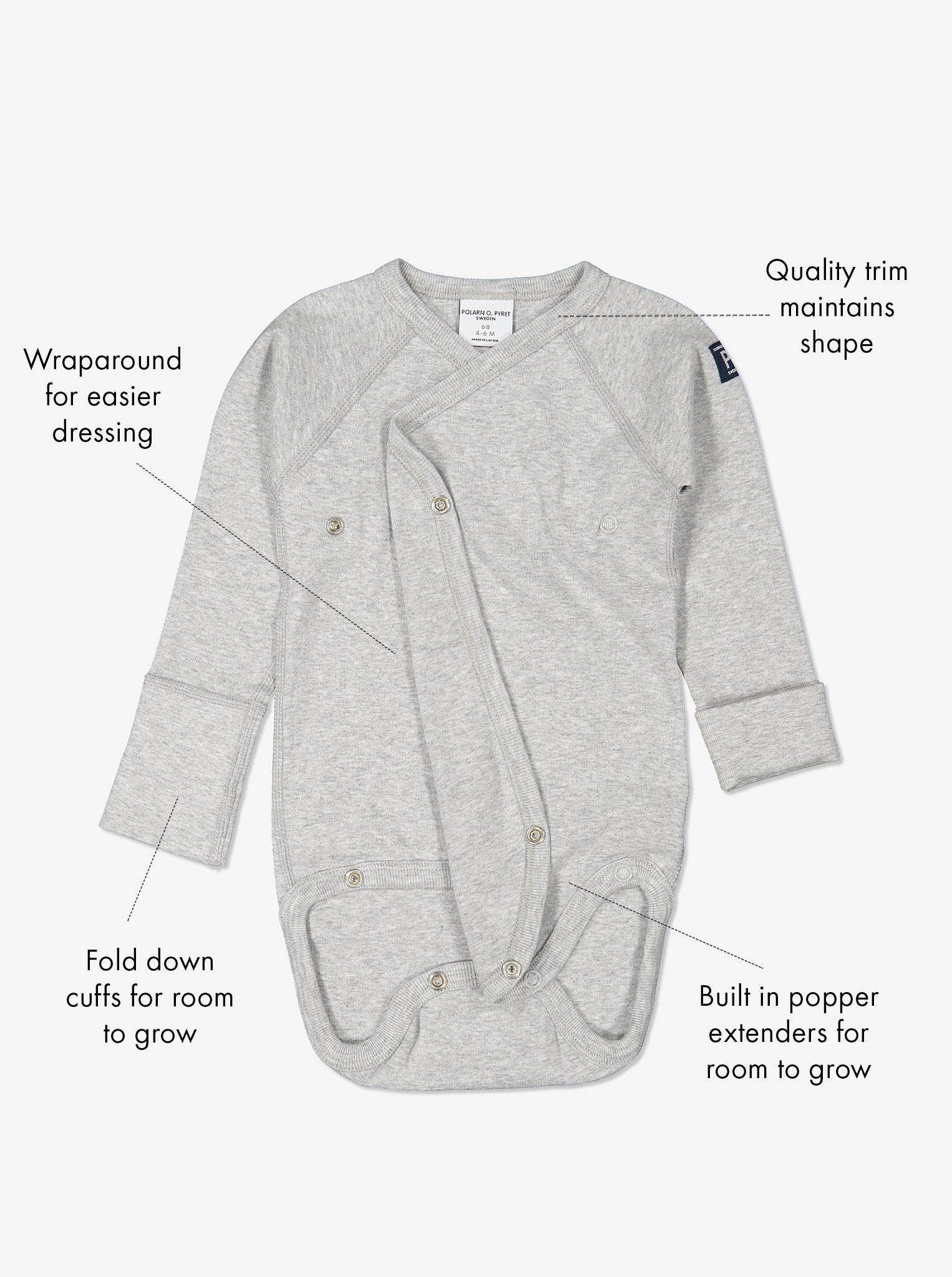 newborn grey babygrow, ethical organic cotton, polarn o. pyret quality unique selling point infographic