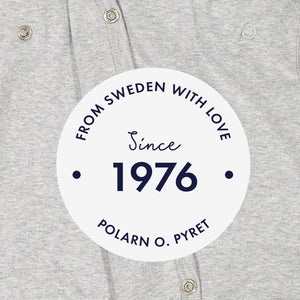 Polarn o. pyret 1976 logo on grey babygrow