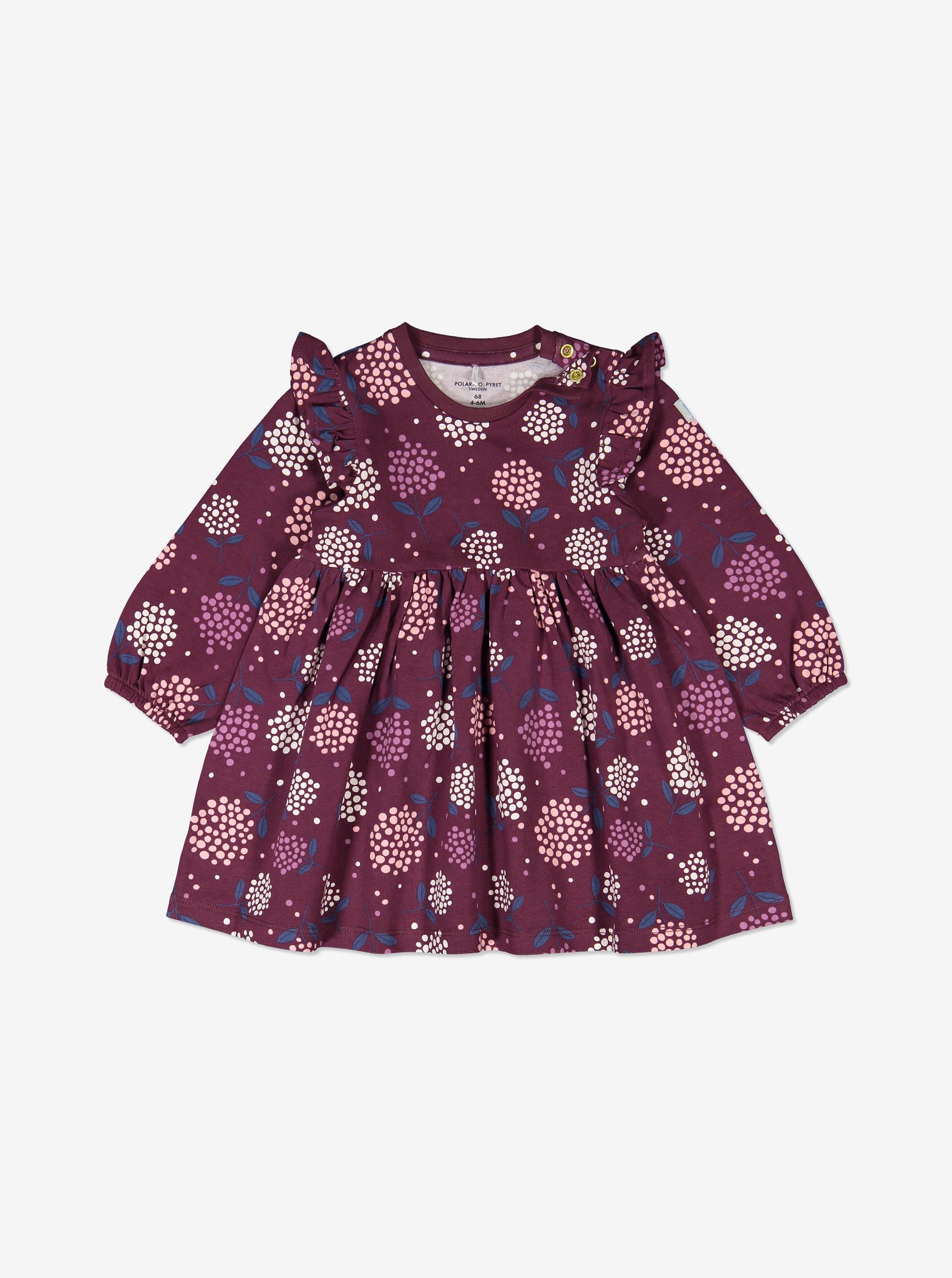 A cute purple floral long sleeve baby dress, designed with shoulder poppers
