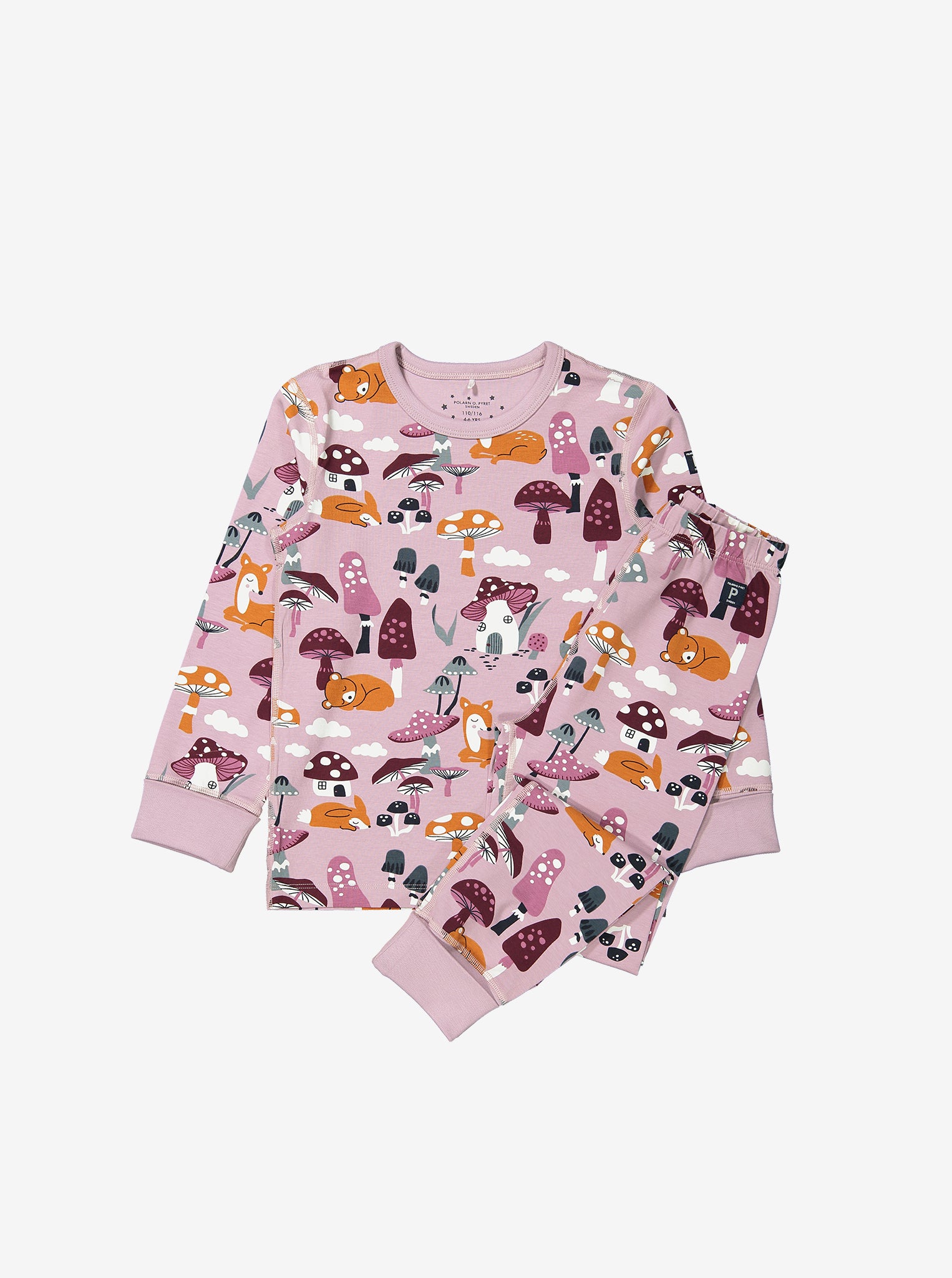 Pink woodland animal printed kids cotton pyjamas with foldable sleeve, leg cuffs & elasticated waist. Made from organic cotton.