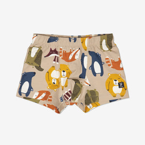 Beige boys cotton boxers printed with colourful sleepy animals, designed with flat seams. Made with organic cotton.