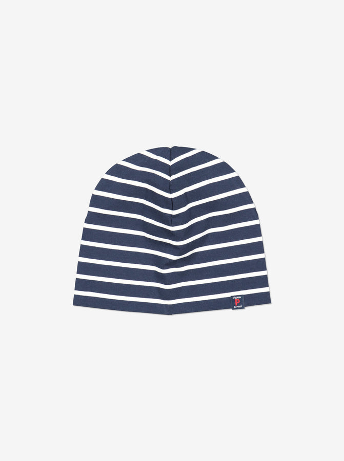 Striped Navy Kids Beanie Hat from Polarn O. Pyret Kidswear. Warm kids beanie