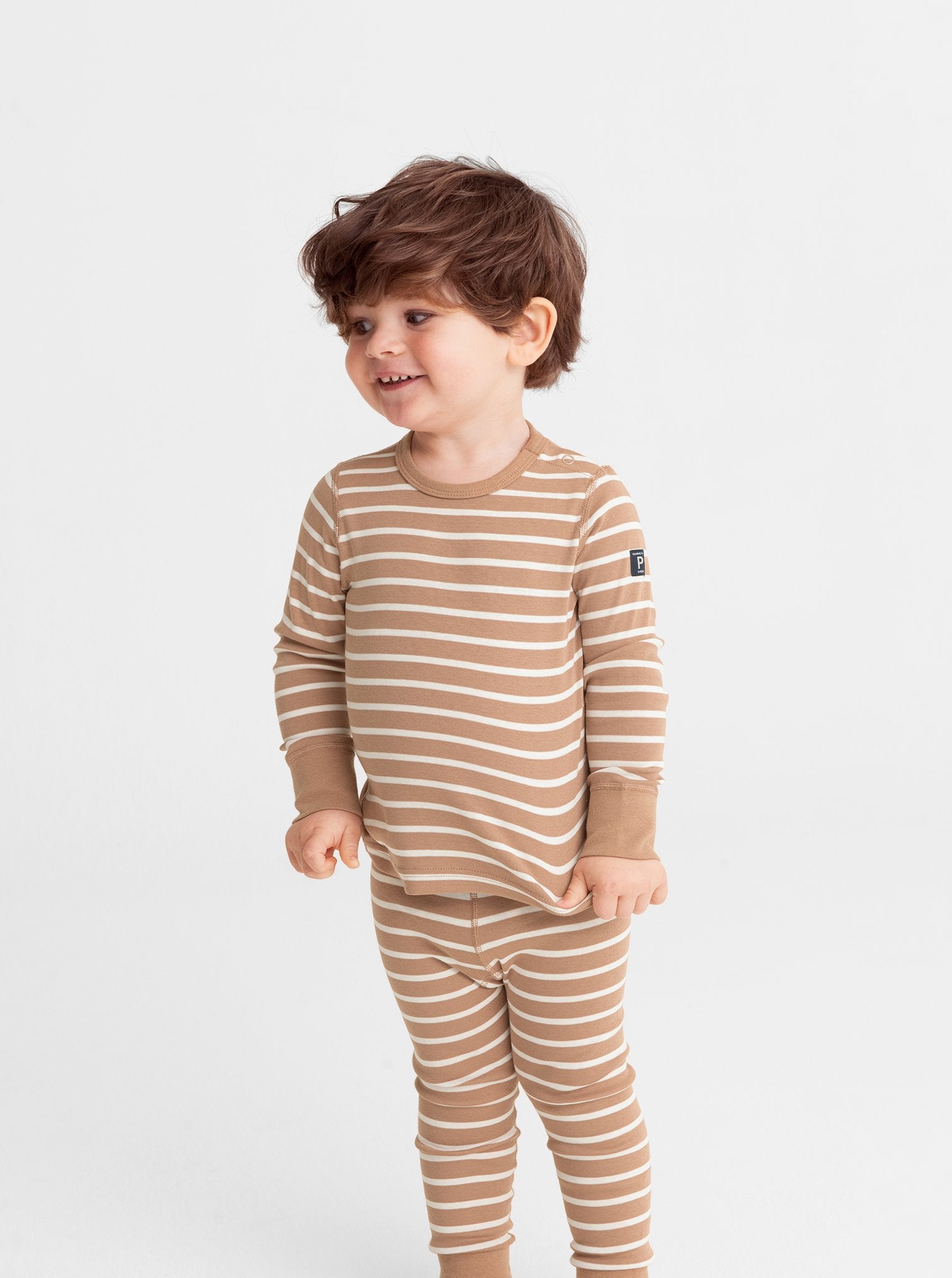  Organic Striped Brown Kids Top from Polarn O. Pyret Kidswear. Made with 100% organic cotton.