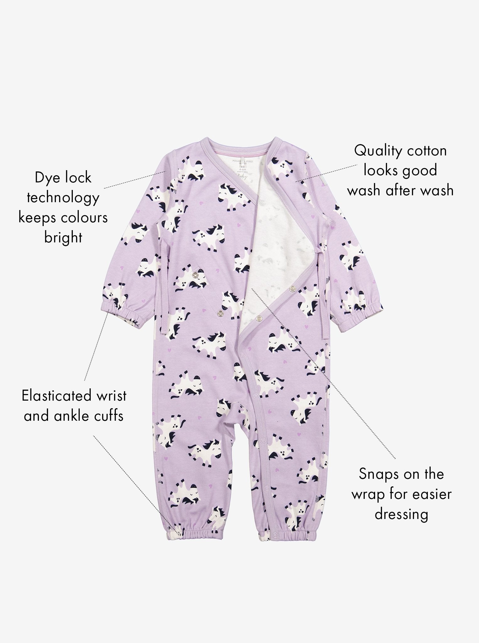  Organic Pink Horse Print Baby Romper from Polarn O. Pyret Kidswear. Made with 100% organic cotton.