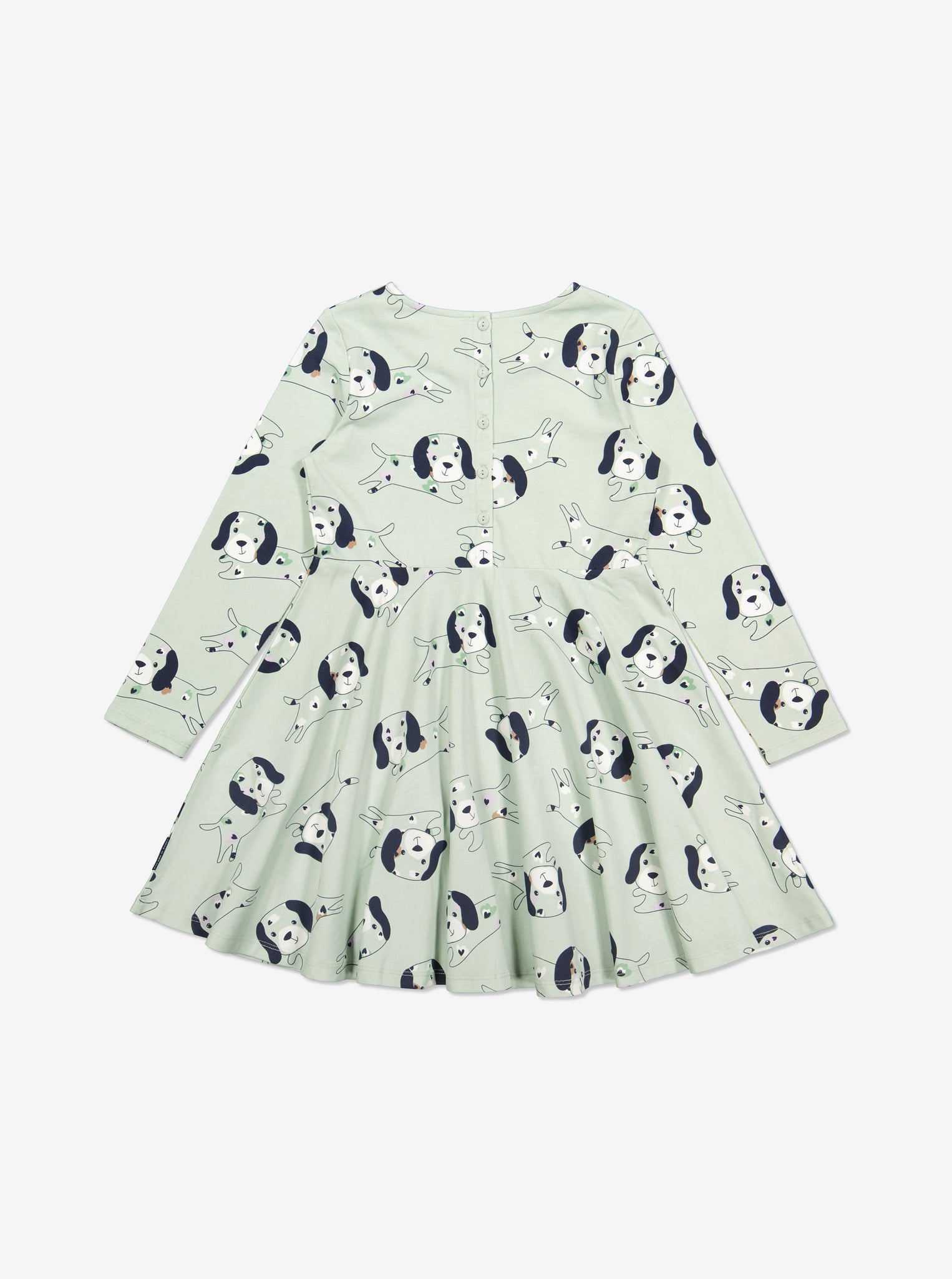  Organic Green Puppy Print Girls Dress from Polarn O. Pyret Kidswear. Made from ethically sourced materials.