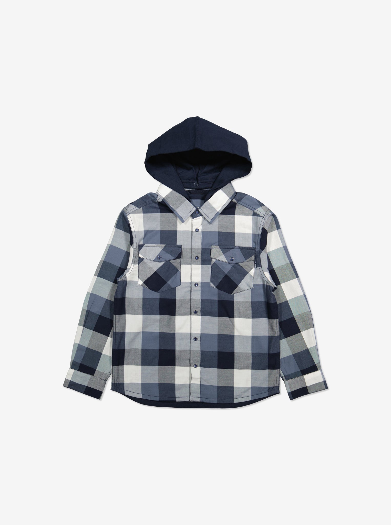  Organic Blue Kids Hooded Checked Shirt from Polarn O. Pyret Kidswear. Made from ethically sourced materials.