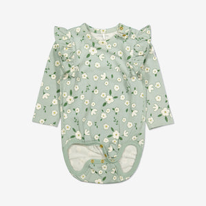  Organic Green Floral Girls Babygrow from Polarn O. Pyret Kidswear. Made from sustainable materials.
