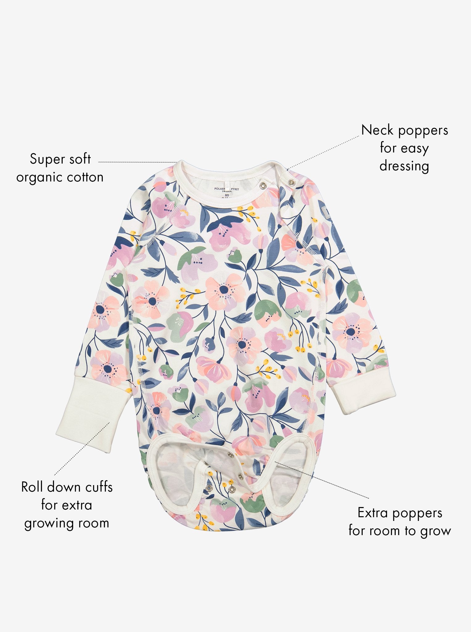  Organic White Floral Babygrow from Polarn O. Pyret Kidswear. Made from eco-friendly materials.
