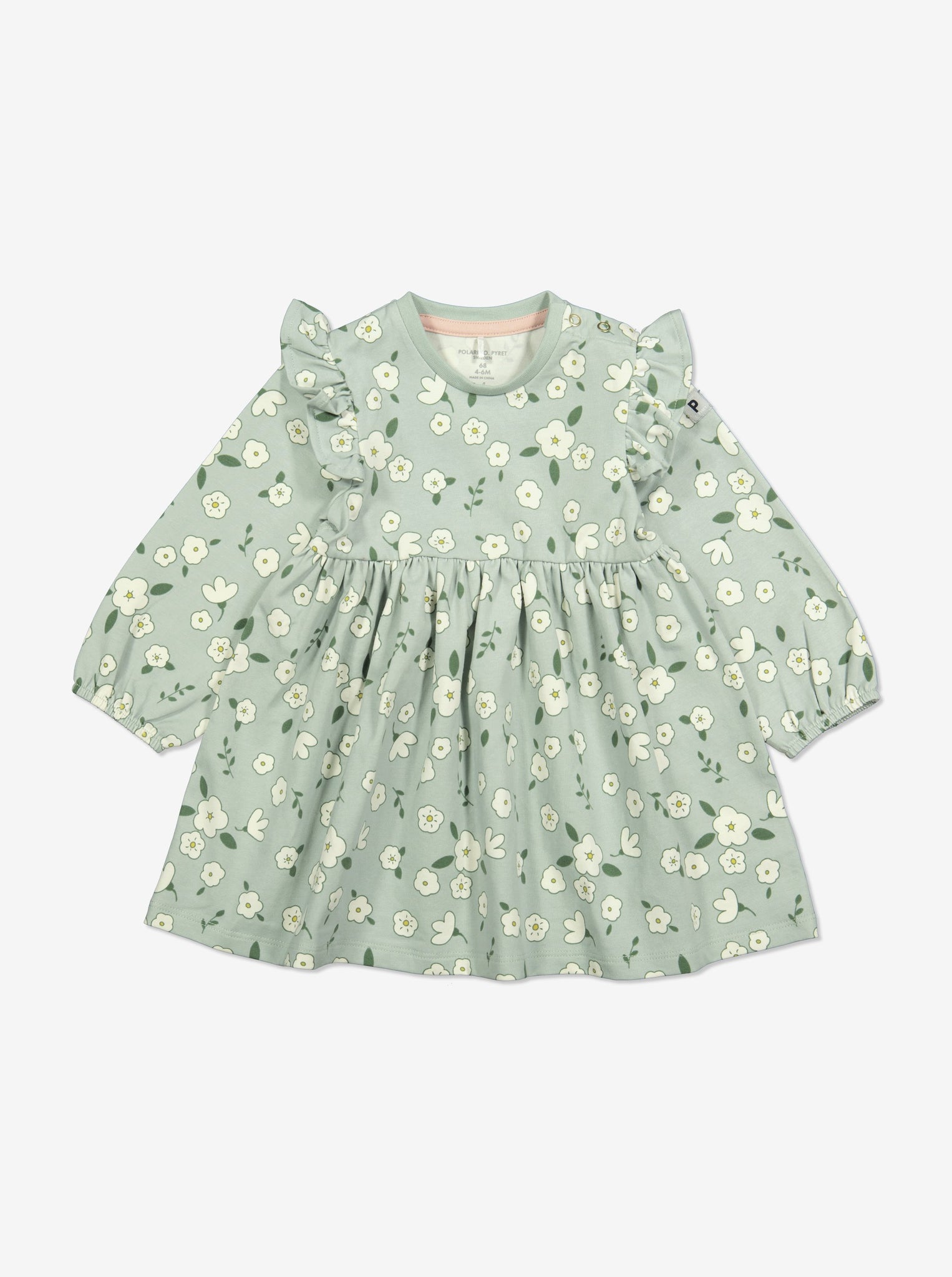  Organic Green Floral Girls Dress from Polarn O. Pyret Kidswear. Made from environmentally friendly materials.
