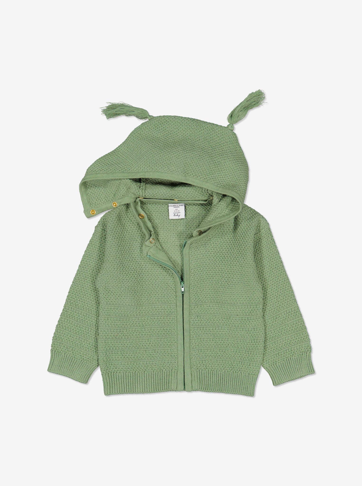  Organic Knitted Green Newborn Baby Hoodie from Polarn O. Pyret Kidswear. Made with 100% organic cotton.