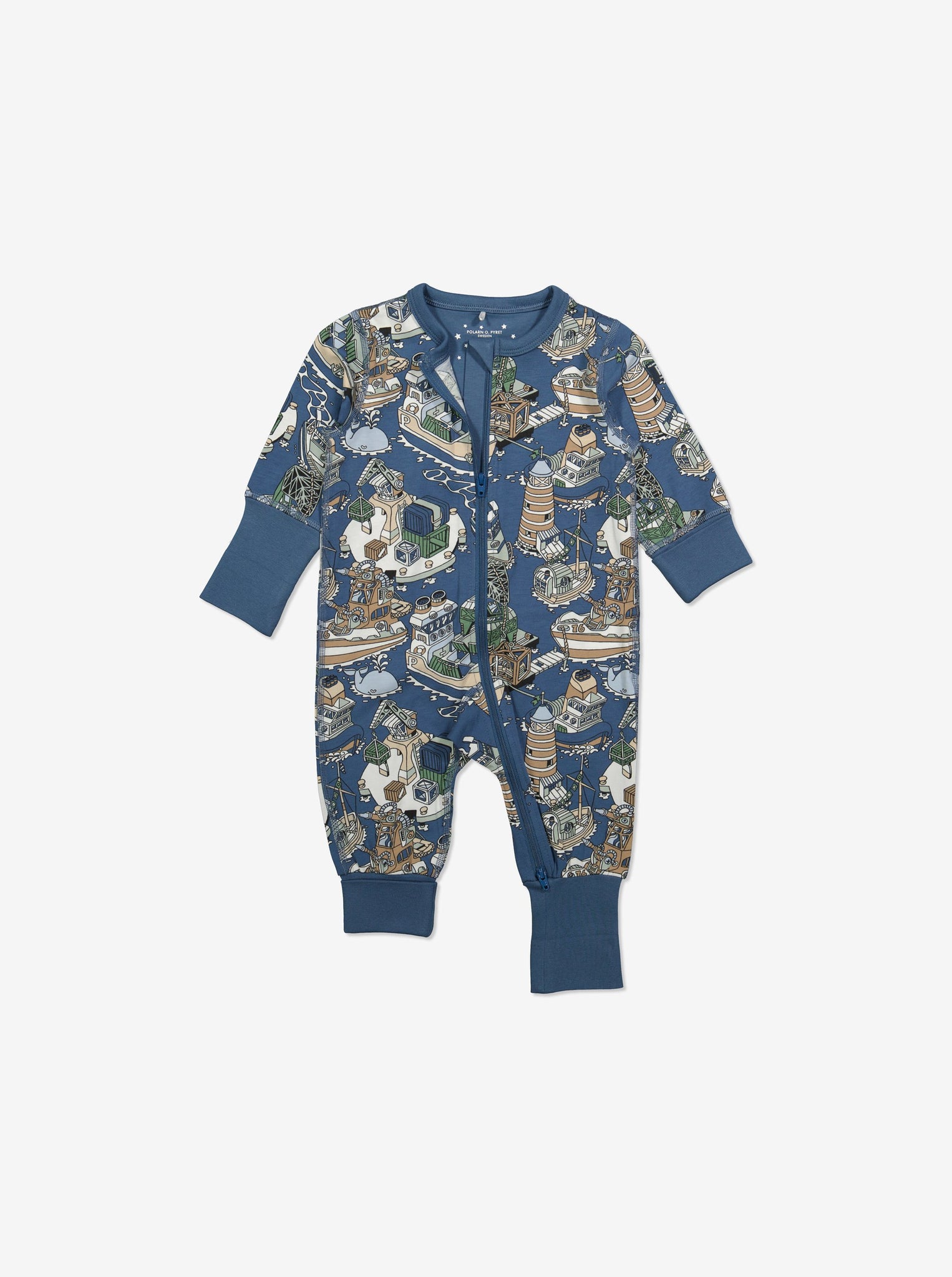  Organic Boat Blue Baby Sleepsuit from Polarn O. Pyret Kidswear. Made from eco-friendly materials.