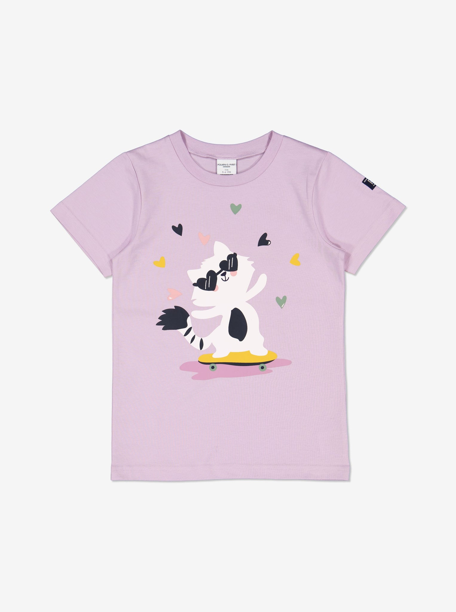  Organic Purple Cat Print Kids T-Shirt from Polarn O. Pyret Kidswear. Made with 100% organic cotton.