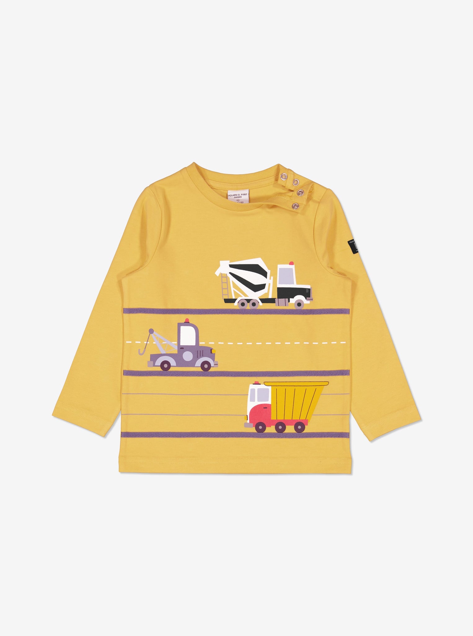  Yellow Truck Print Baby Top from Polarn O. Pyret Kidswear. Made using sustainable materials.
