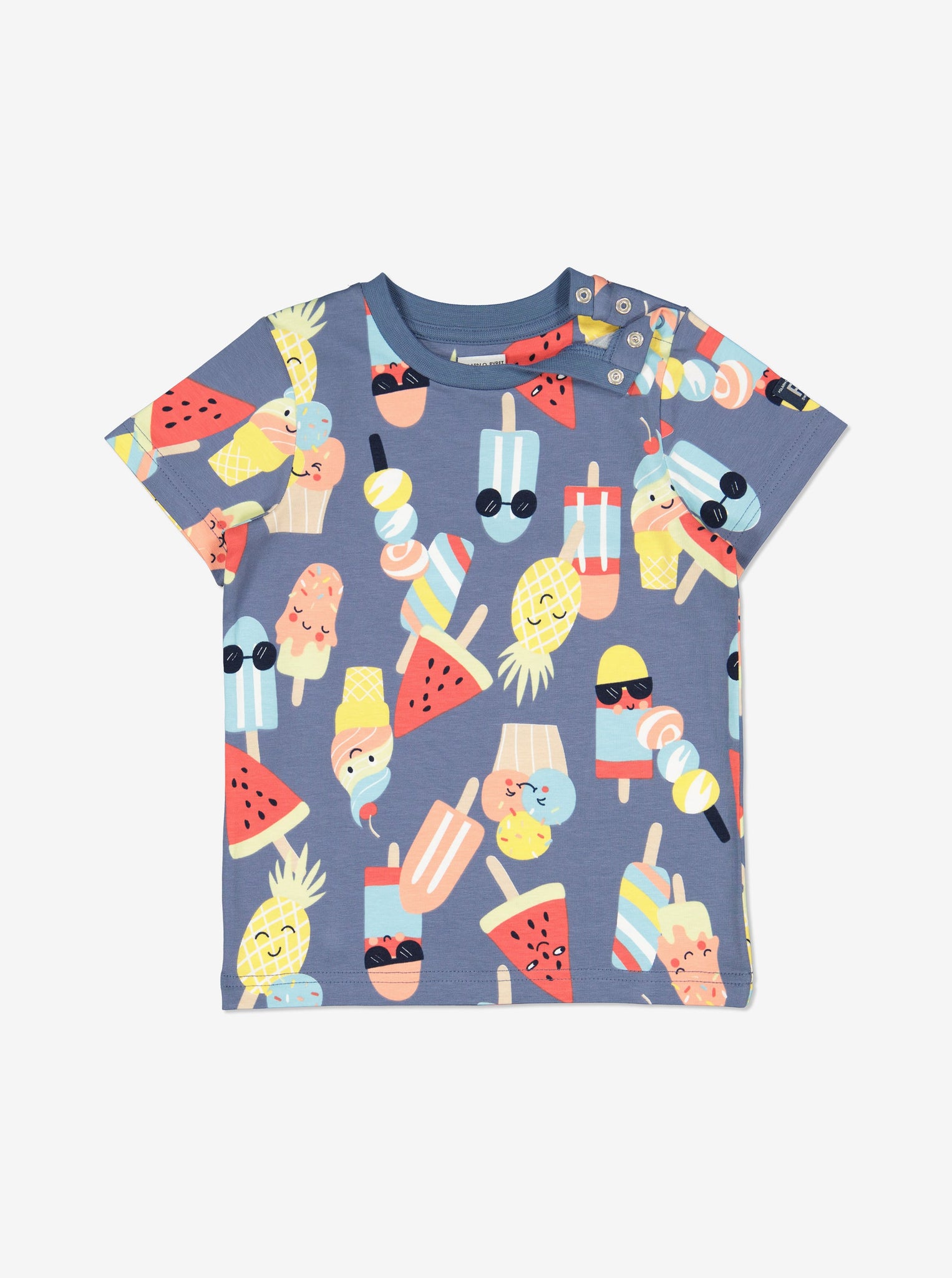 Ice Cream Print Navy Kids T-Shirt from Polarn O. Pyret Kidswear. Made using sustainable sourced materials.