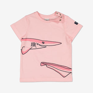 Shark Print Pink Kids T-Shirt from Polarn O. Pyret Kidswear. Made from 100% GOTS Organic Cotton.