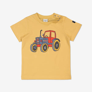 Tractor Print Yellow Kids T-Shirt from Polarn O. Pyret Kidswear. Made from 100% GOTS Organic Cotton.