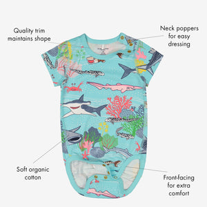 Sealife Print Blue Newborn Babygrow from Polarn O. Pyret Kidswear. Made using sustainable sourced materials.