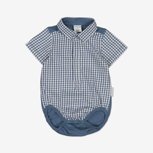 Blue Checked Newborn Babygrow Shirt from Polarn O. Pyret Kidswear. Made from ethically sourced materials.