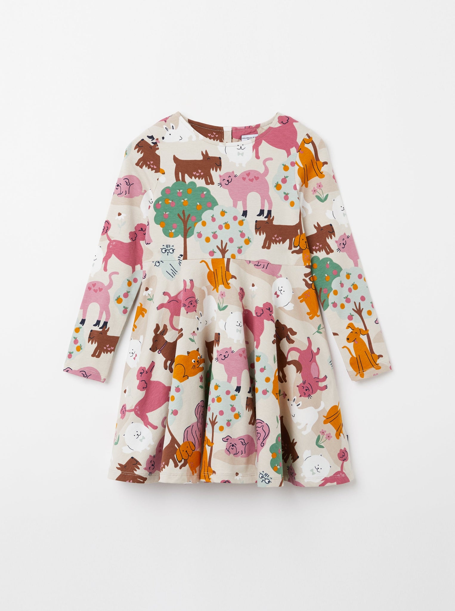 Cat & Dog Print Beige Kids Dress from the Polarn O. Pyret Kidswear collection. Clothes made using sustainably sourced materials.