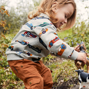 Gray Racing Car Kids Sweatshirt from the Polarn O. Pyret Kidswear collection. Nordic kids clothes made from sustainable sources.