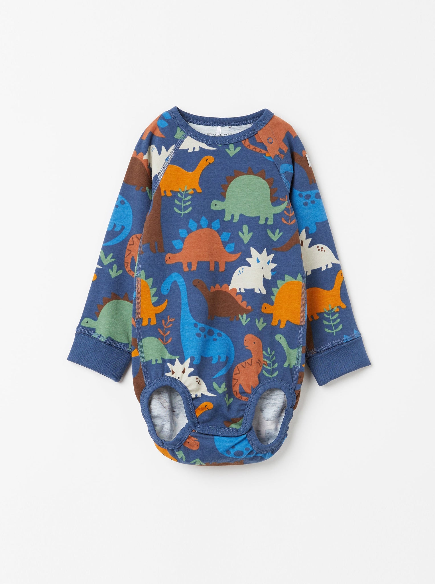 Dinosaur Print Blue Newborn Babygrow from the Polarn O. Pyret Kidswear collection. Clothes made using sustainably sourced materials.