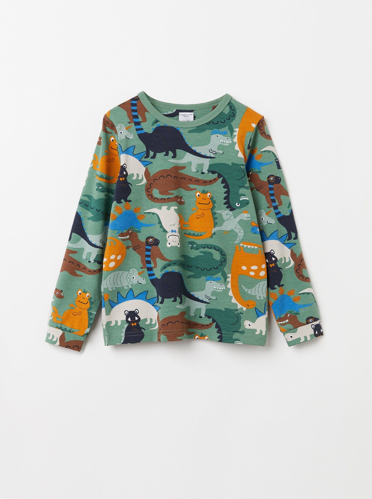 Green Dinosaur Kids Top from the Polarn O. Pyret Kidswear collection. Clothes made using sustainably sourced materials.