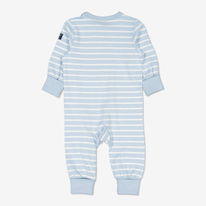 Striped Blue Newborn Baby Sleepsuit from Polarn O. Pyret Kidswear. Made using sustainable sourced materials.